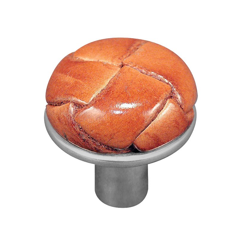 1" Button Knob with Leather Insert in Satin Nickel with Saddle Leather Insert