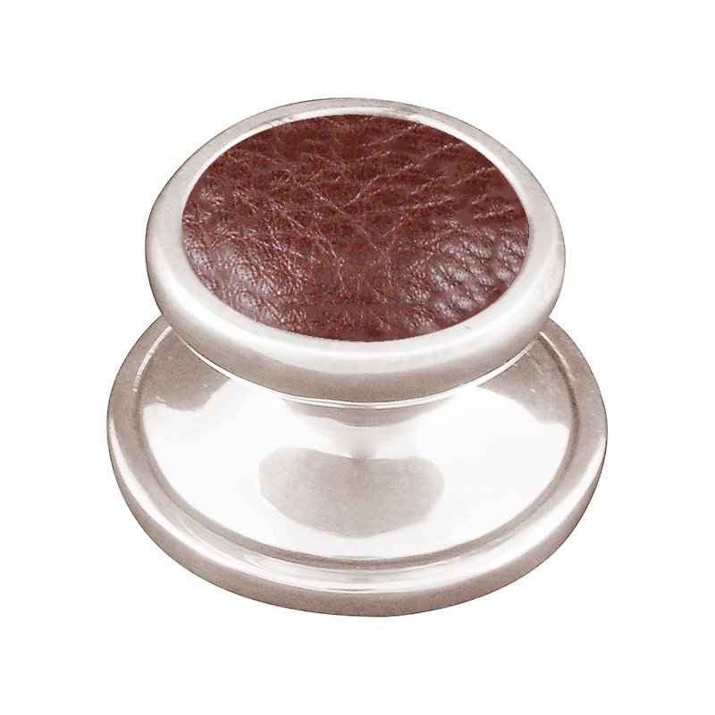 1 1/4" Knob with Insert in Polished Nickel with Brown Leather Insert