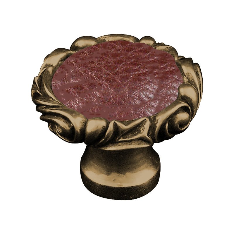 1 1/4" Knob with Small Base and Insert in Antique Brass with Brown Leather Insert