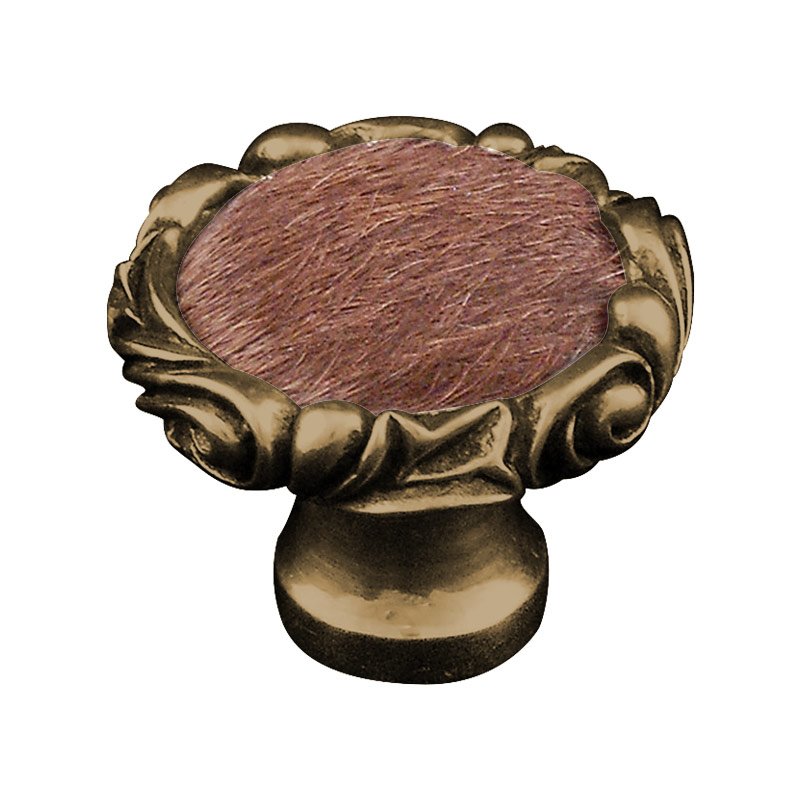 1 1/4" Knob with Small Base and Insert in Antique Brass with Brown Fur Insert