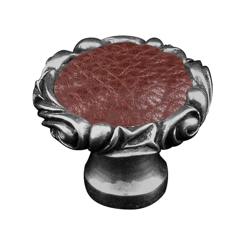 1 1/4" Knob with Small Base and Insert in Antique Nickel with Brown Leather Insert