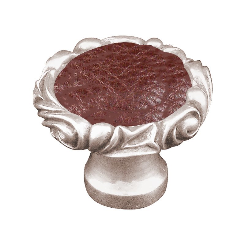 1 1/4" Knob with Small Base and Insert in Polished Nickel with Brown Leather Insert