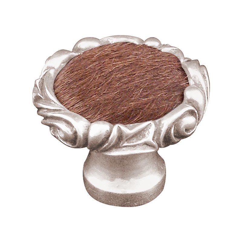 1 1/4" Knob with Small Base and Insert in Polished Nickel with Brown Fur Insert