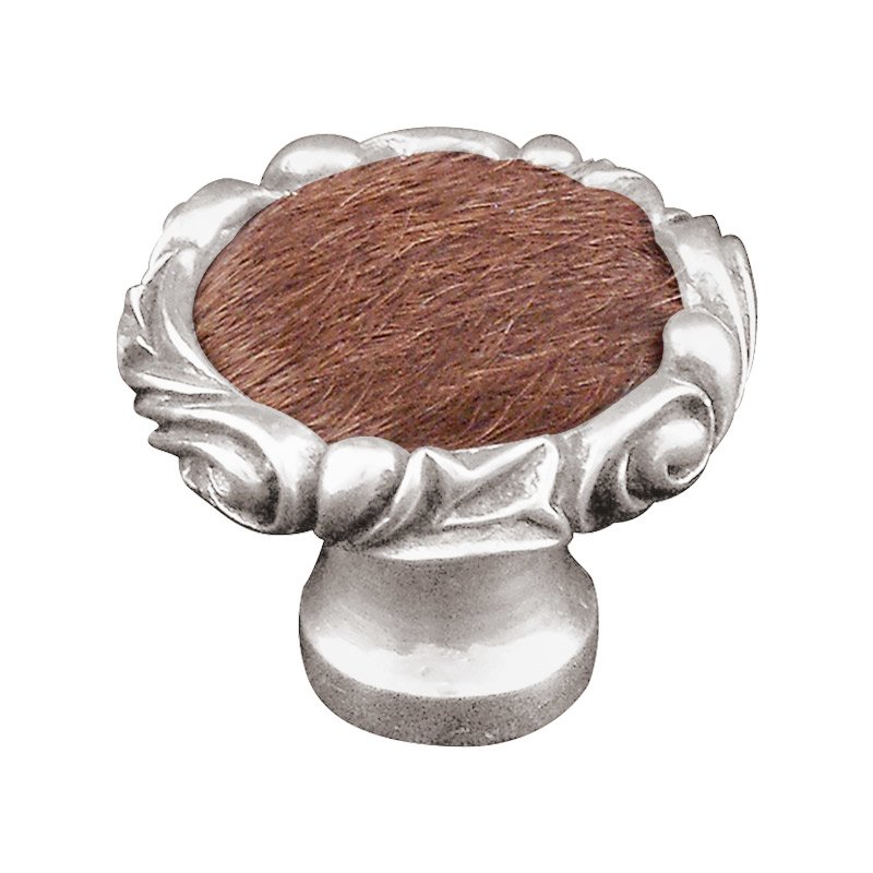 1 1/4" Knob with Small Base and Insert in Polished Silver with Brown Fur Insert