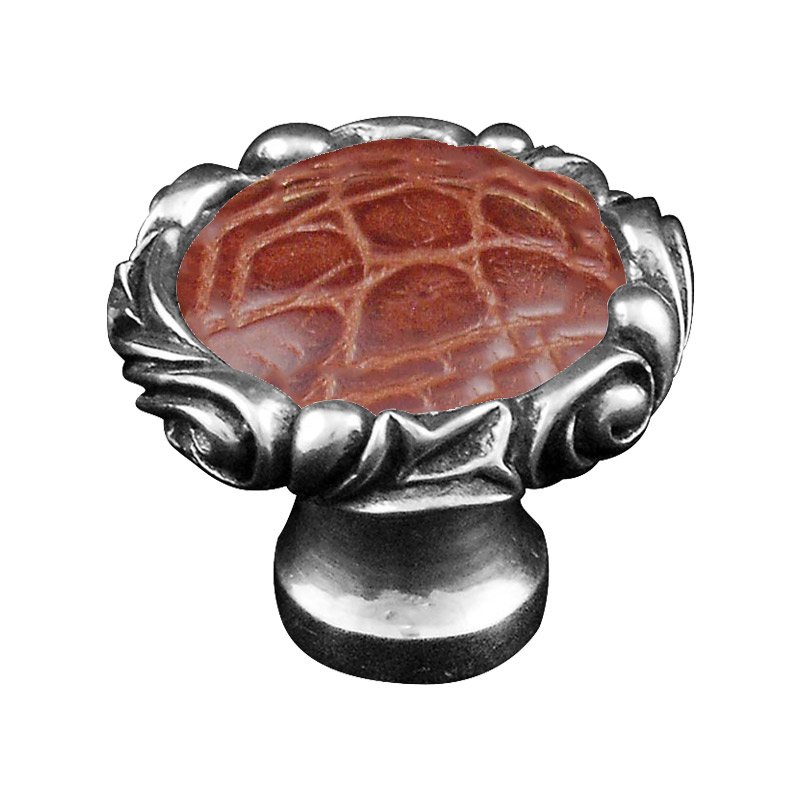 1 1/4" Knob with Small Base and Insert in Vintage Pewter with Pebble Leather Insert