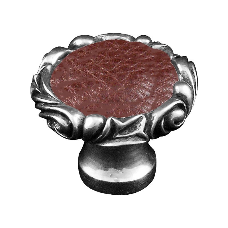1 1/4" Knob with Small Base and Insert in Vintage Pewter with Brown Leather Insert