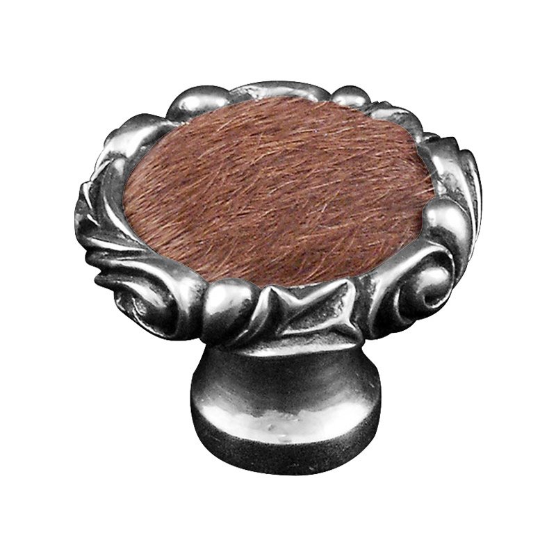 1 1/4" Knob with Small Base and Insert in Vintage Pewter with Brown Fur Insert