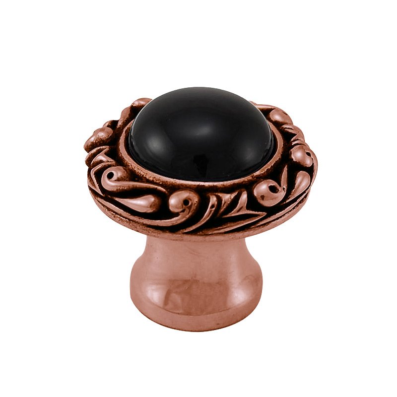 1" Round Knob with Small Base with Stone Insert in Antique Copper with Black Onyx Insert