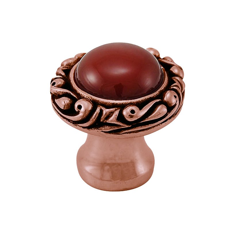 1" Round Knob with Small Base with Stone Insert in Antique Copper with Carnelian Insert