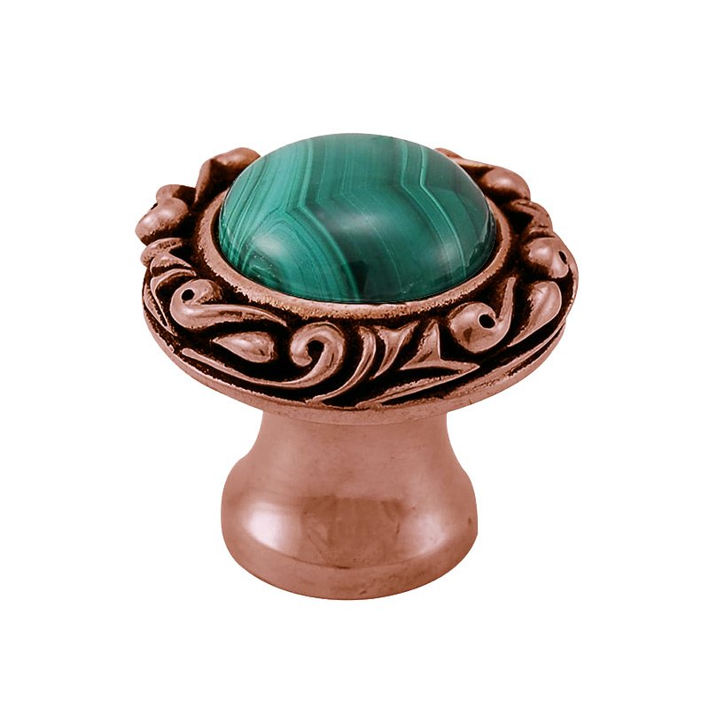 1" Round Knob with Small Base with Stone Insert in Antique Copper with Malachite Insert