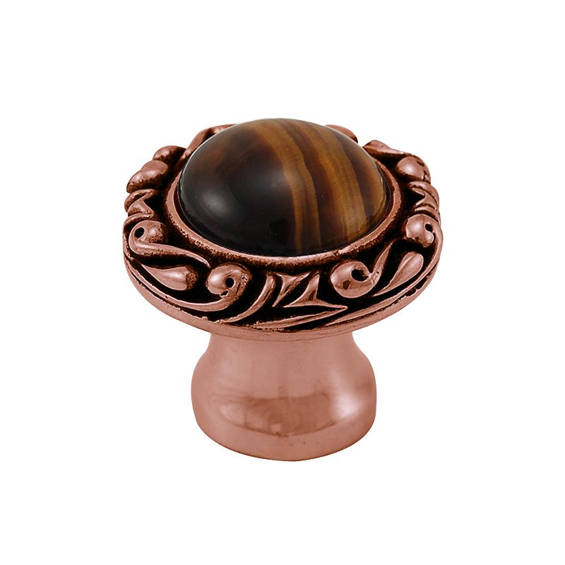 1" Round Knob with Small Base with Stone Insert in Antique Copper with Tigers Eye Insert