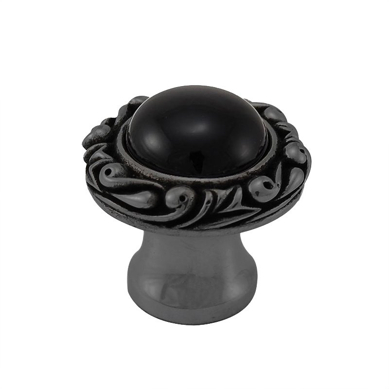 1" Round Knob with Small Base with Stone Insert in Gunmetal with Black Onyx Insert