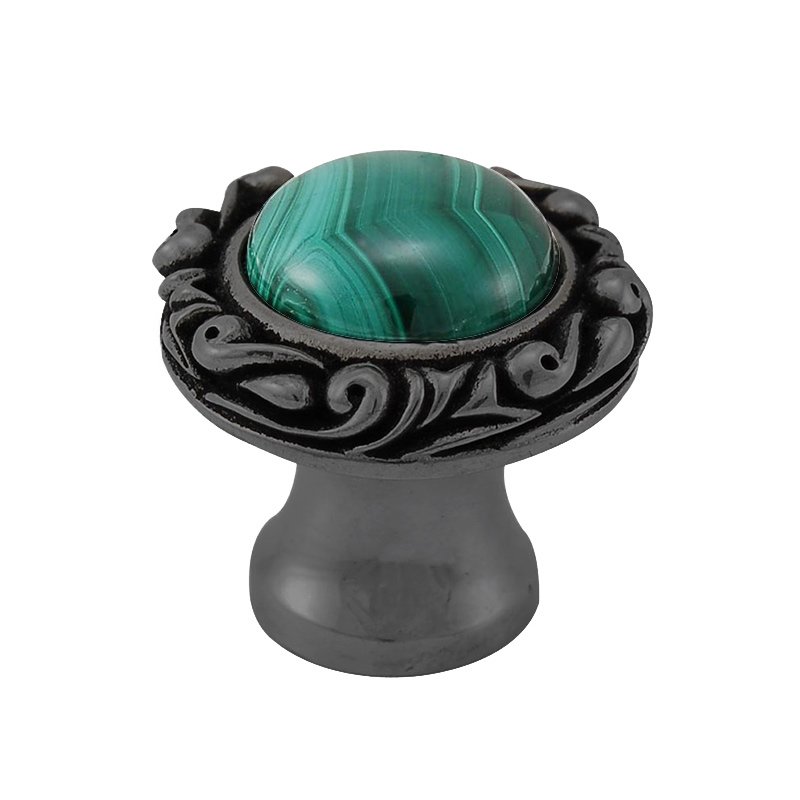 1" Round Knob with Small Base with Stone Insert in Gunmetal with Malachite Insert