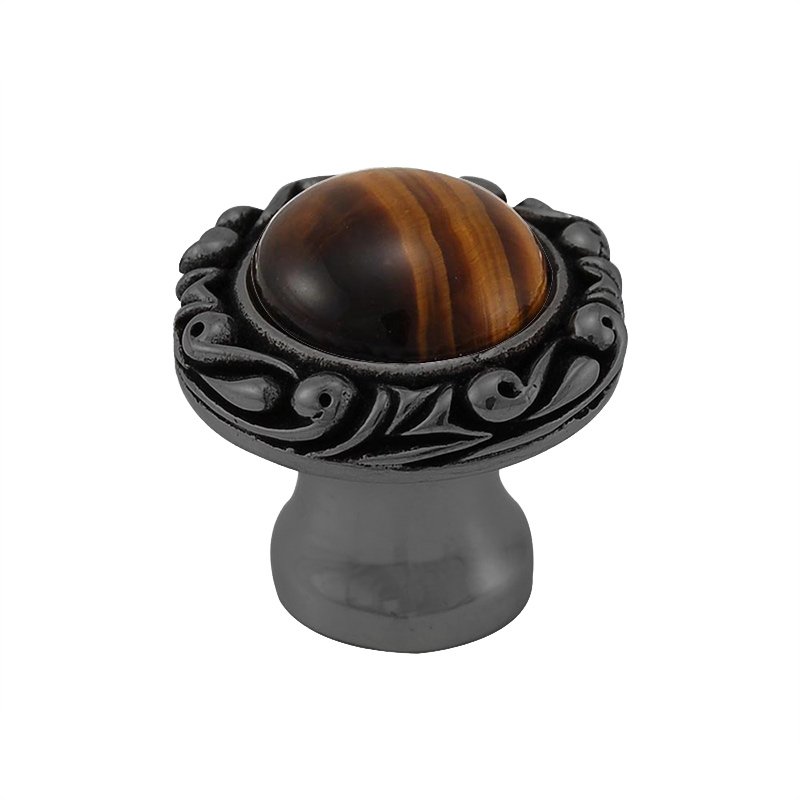 1" Round Knob with Small Base with Stone Insert in Gunmetal with Tigers Eye Insert