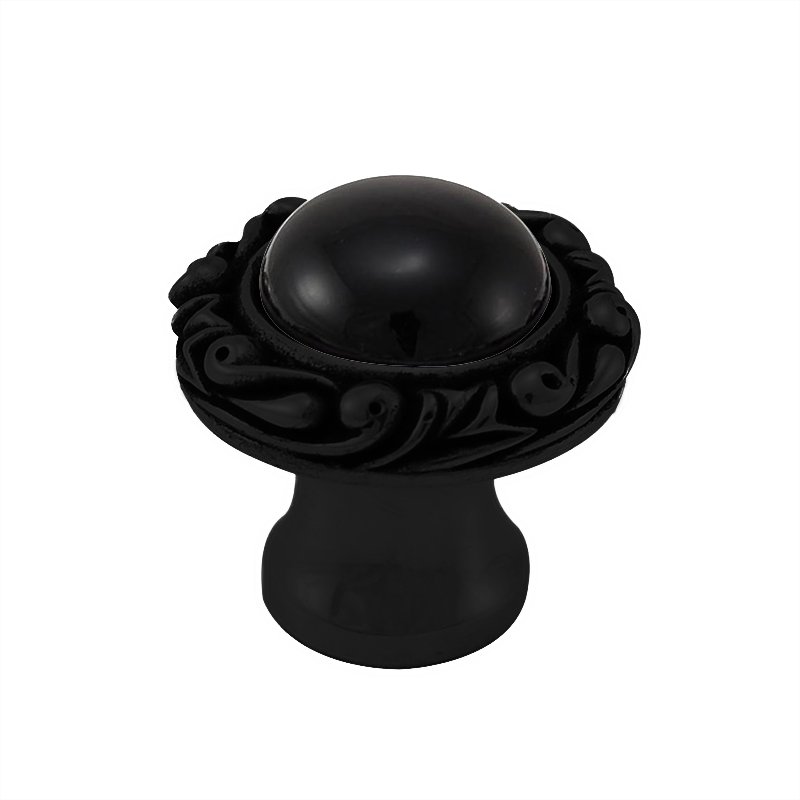 1" Round Knob with Small Base with Stone Insert in Oil Rubbed Bronze with Black Onyx Insert