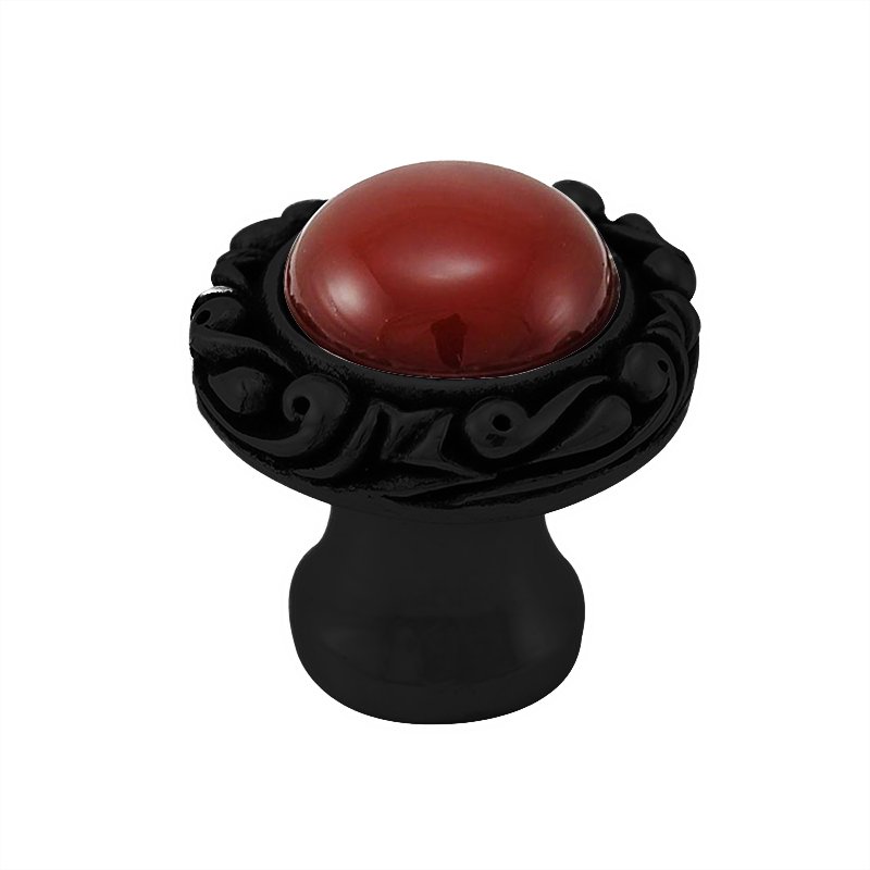 1" Round Knob with Small Base with Stone Insert in Oil Rubbed Bronze with Carnelian Insert
