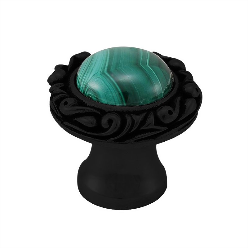 1" Round Knob with Small Base with Stone Insert in Oil Rubbed Bronze with Malachite Insert