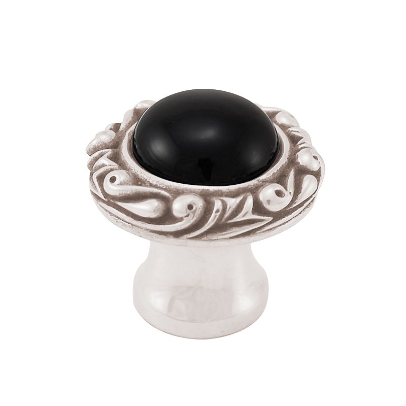 1" Round Knob with Small Base with Stone Insert in Polished Nickel with Black Onyx Insert