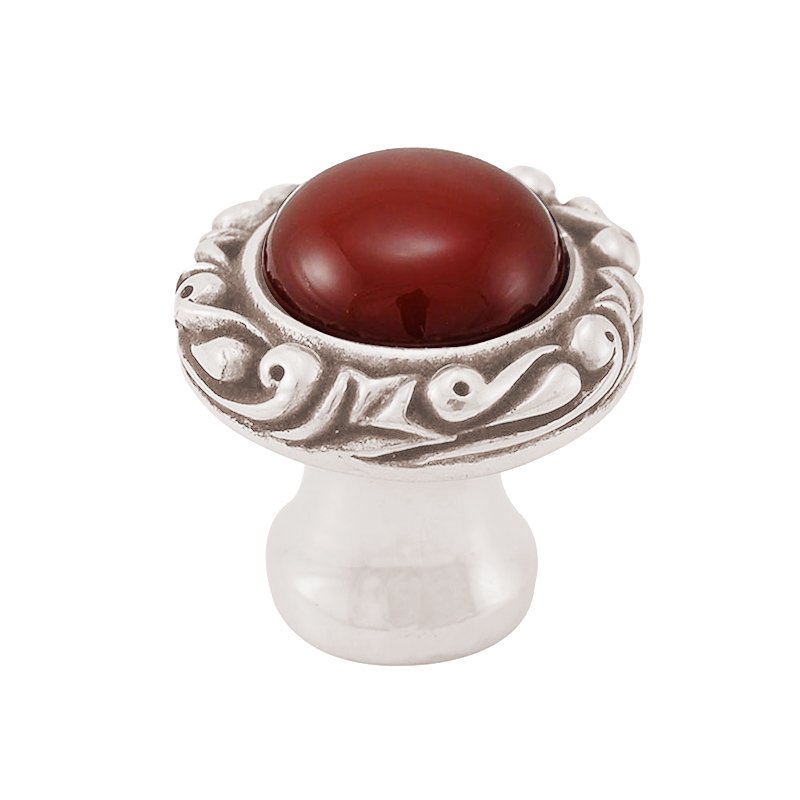 1" Round Knob with Small Base with Stone Insert in Polished Nickel with Carnelian Insert