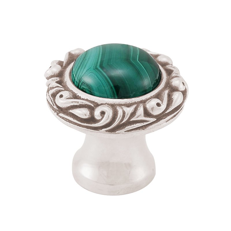 1" Round Knob with Small Base with Stone Insert in Polished Nickel with Malachite Insert