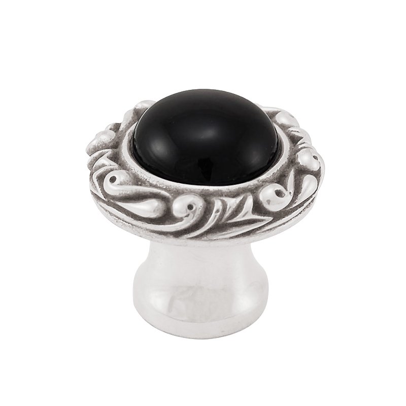 1" Round Knob with Small Base with Stone Insert in Polished Silver with Black Onyx Insert