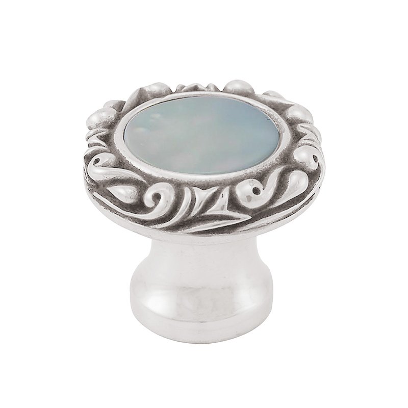 1" Round Knob with Small Base with Stone Insert in Polished Silver with Mother Of Pearl Insert