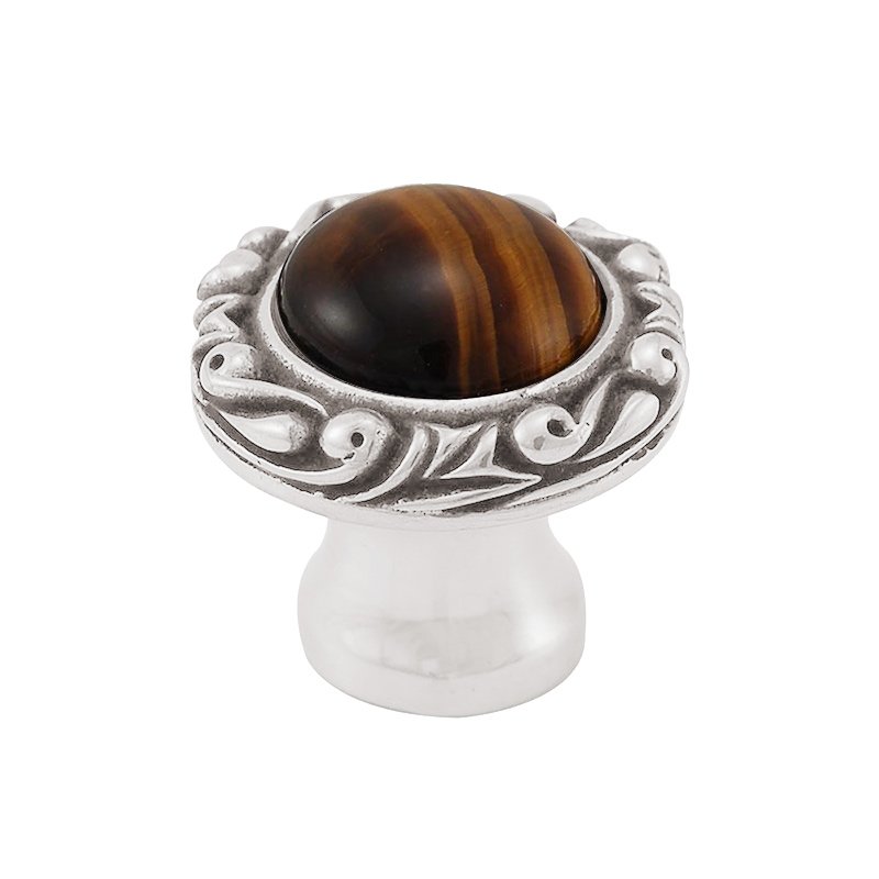 1" Round Knob with Small Base with Stone Insert in Polished Silver with Tigers Eye Insert