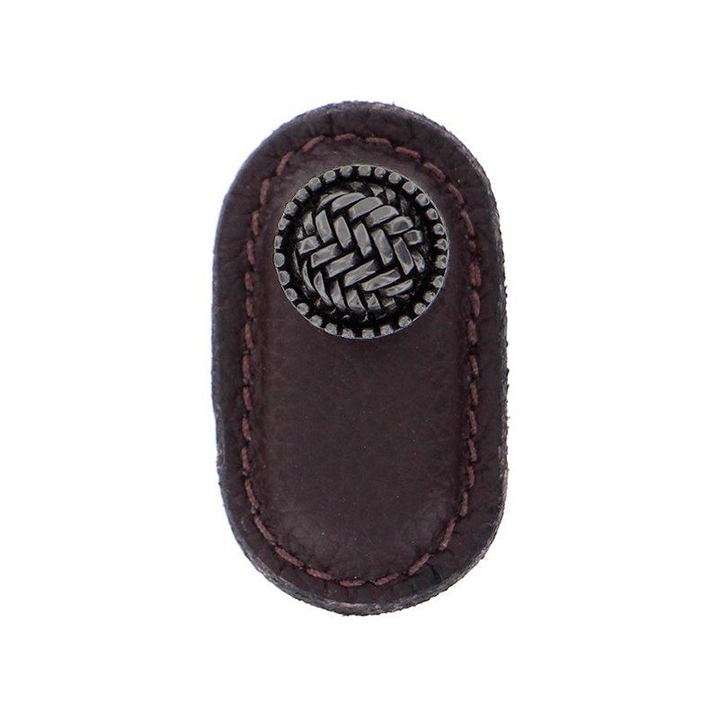 Leather Collection Cestino Knob in Brown Leather in Gunmetal