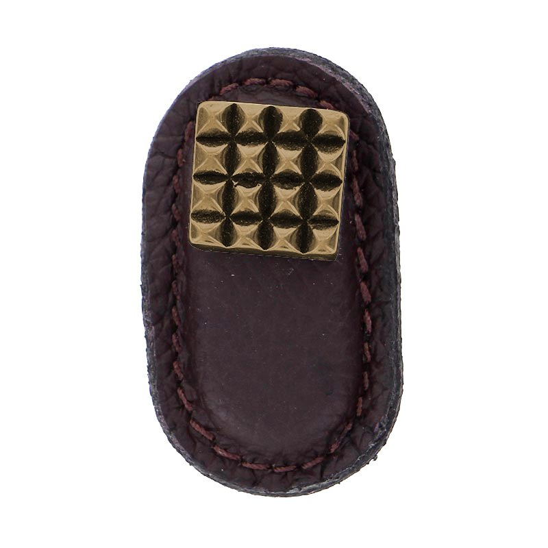 Leather Collection Solferino Knob in Brown Leather in Antique Brass