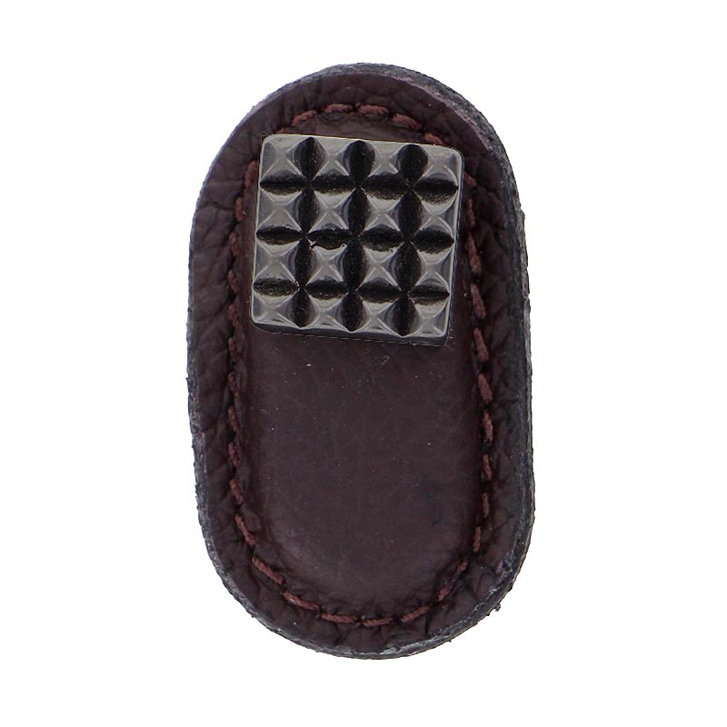 Leather Collection Solferino Knob in Brown Leather in Gunmetal