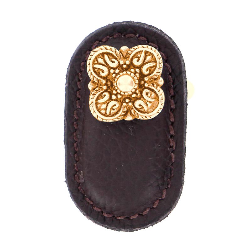 Leather Collection Napoli Knob in Brown Leather in Polished Gold