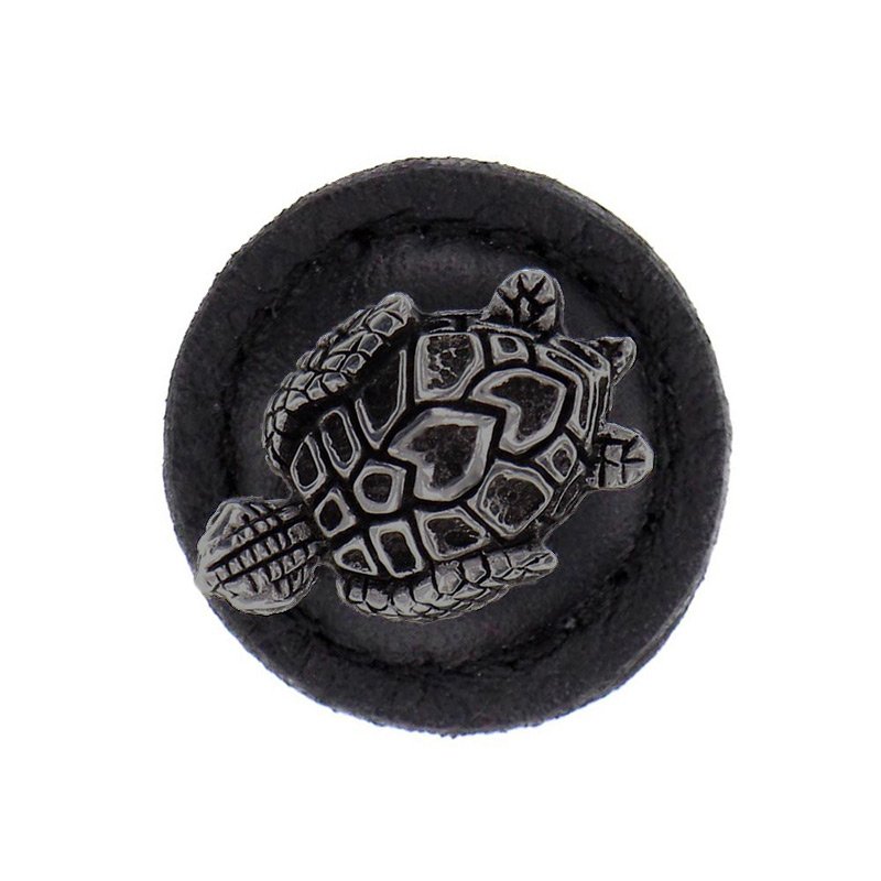 1 1/4" Round Turtle Knob with Leather Insert in Gunmetal with Black Leather Insert