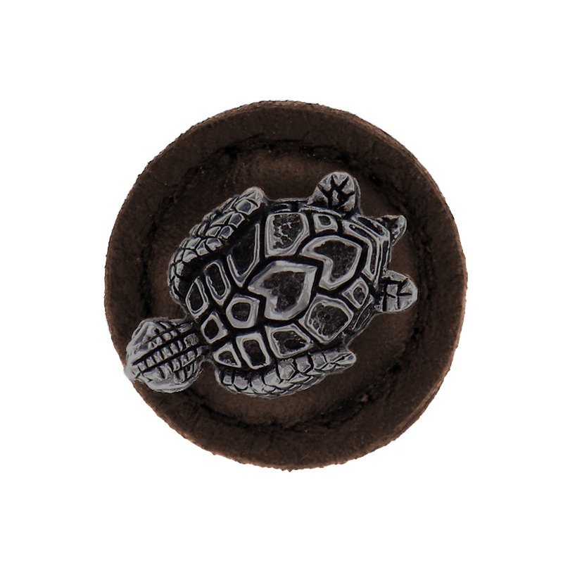 1 1/4" Round Turtle Knob with Leather Insert in Gunmetal with Brown Leather Insert