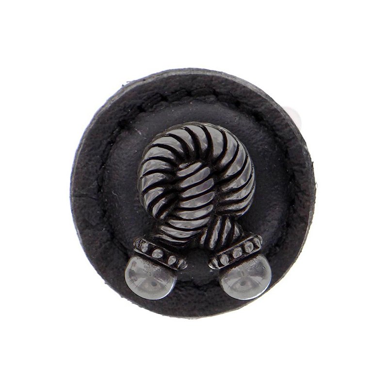 1 1/4" Round Rope Knob with Leather Insert in Gunmetal with Black Leather Insert