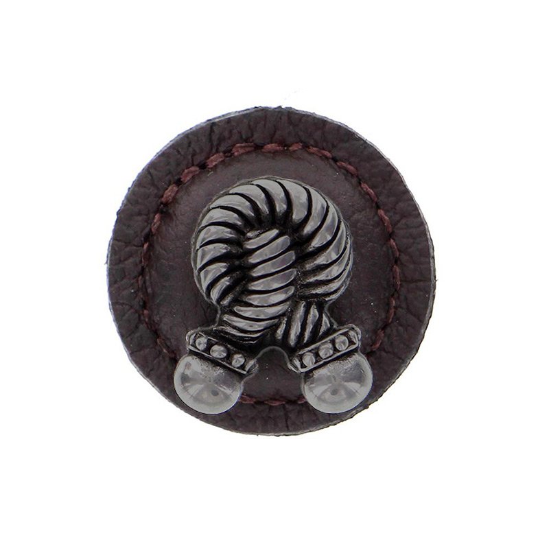 1 1/4" Round Rope Knob with Leather Insert in Gunmetal with Brown Leather Insert