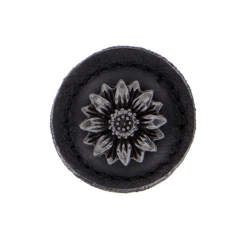1 1/4" Daisy Knob with Leather Insert in Gunmetal with Black Leather Insert