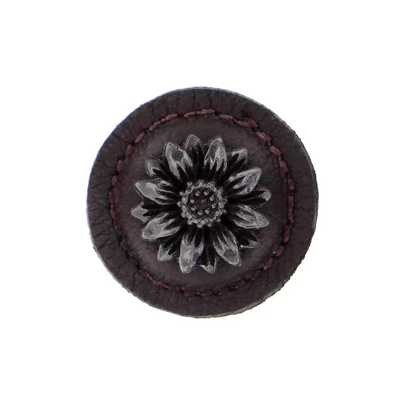 1 1/4" Daisy Knob with Leather Insert in Gunmetal with Brown Leather Insert