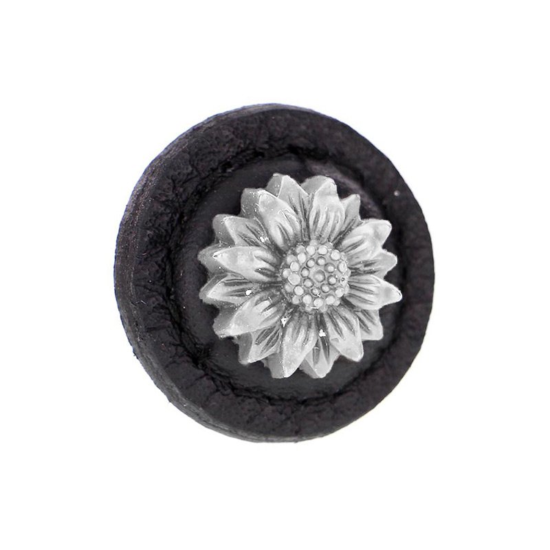 1 1/4" Daisy Knob with Leather Insert in Satin Nickel with Black Leather Insert