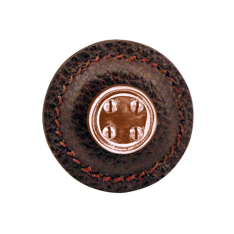 1 1/4" Round Nail Head Knob with Leather Insert in Antique Copper with Brown Leather Insert