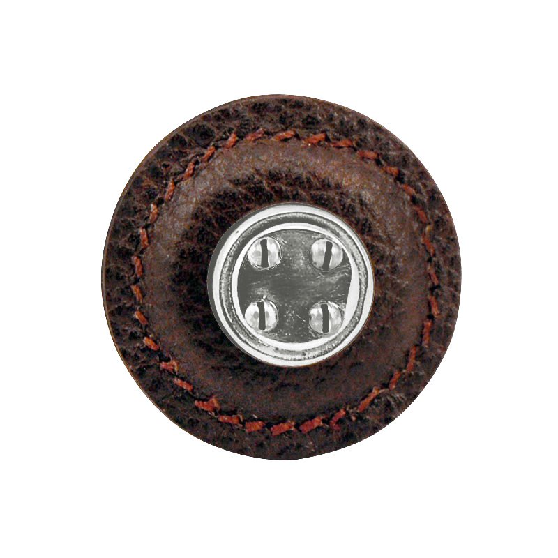 1 1/4" Round Nail Head Knob with Leather Insert in Vintage Pewter with Brown Leather Insert