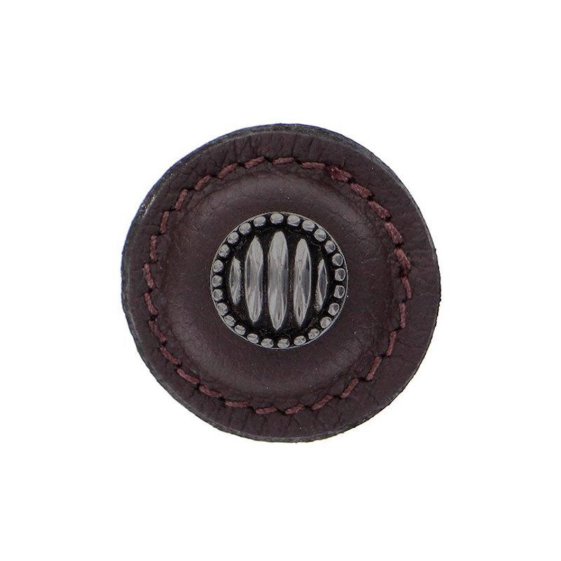 1 1/4" Round Lines and Dots Knob with Leather Insert in Gunmetal with Brown Leather Insert