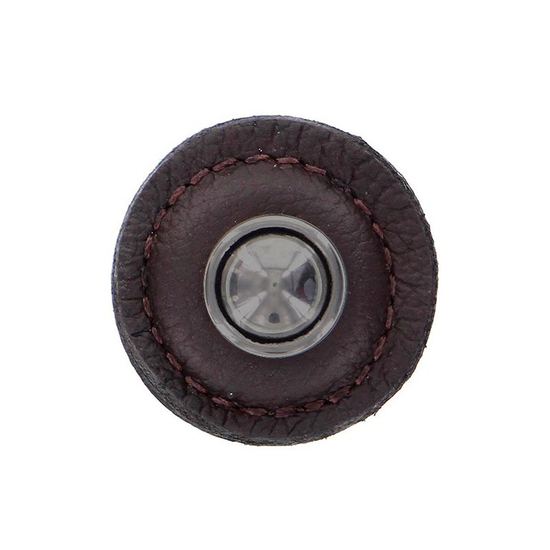 1 1/4" Round Knob with Leather Insert in Gunmetal with Brown Leather Insert