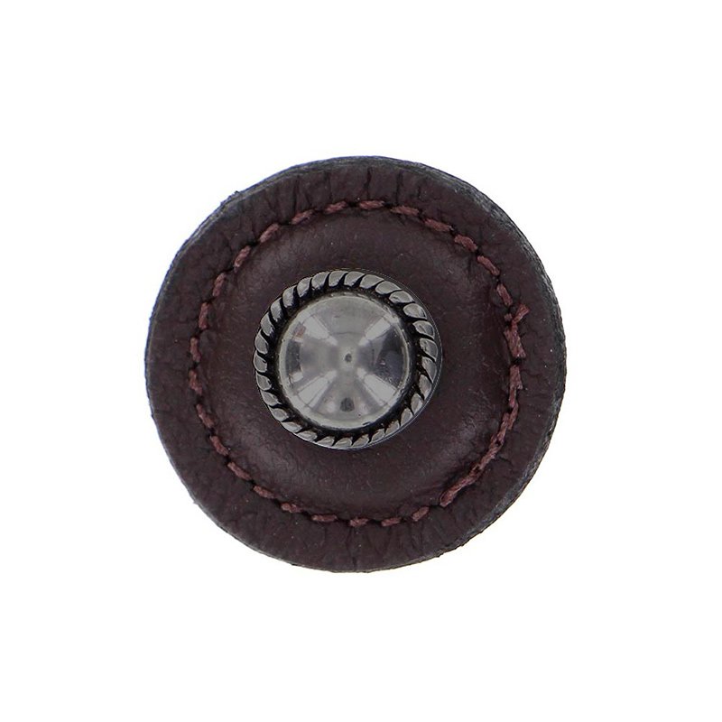 1 1/4" Round Knob with Leather Insert in Gunmetal with Brown Leather Insert