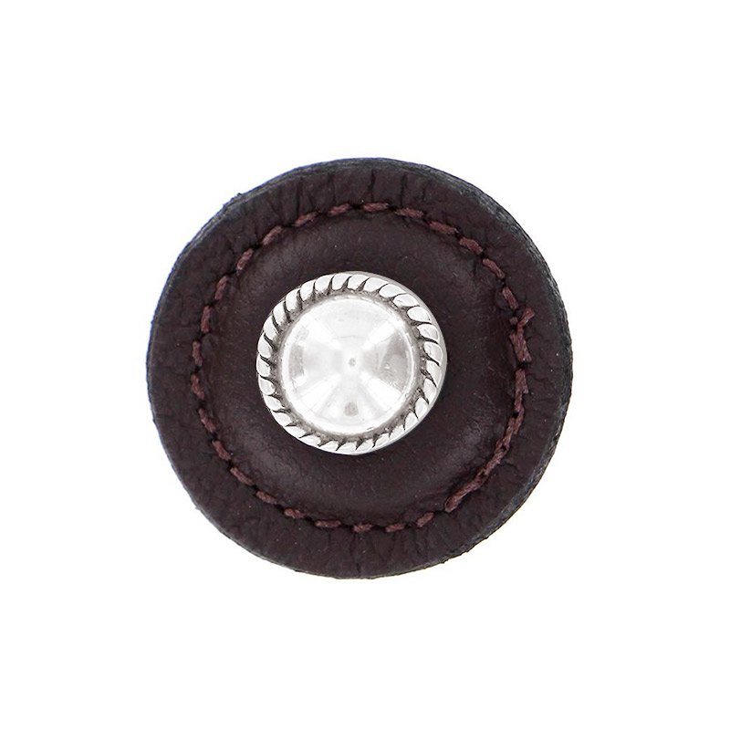 1 1/4" Round Knob with Leather Insert in Polished Silver with Brown Leather Insert