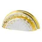 3" Centers Clear Fluted Crystal Cup Pull in Polished Brass